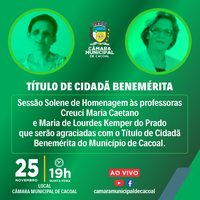 Câmara realizará hoje à noite em plenário “Sessão Solene em homenagem as professoras Lurdes Kemper e Creuci Caetano”, a proposta é de autoria do vereador Romeu Moreira