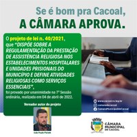 Câmara aprova PL do presidente Pichek, que regulamenta prestação de assistência religiosa em hospitais e unidades prisionais de Cacoal