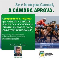 PROJETO DO PRESIDENTE PICHEK, DECLARANDO A ASSOCIAÇÃO DOS ESPORTES EQUINOS DE CACOAL, COMO UTILIDADE PÚBLICA É APROVADO PELA CÂMARA