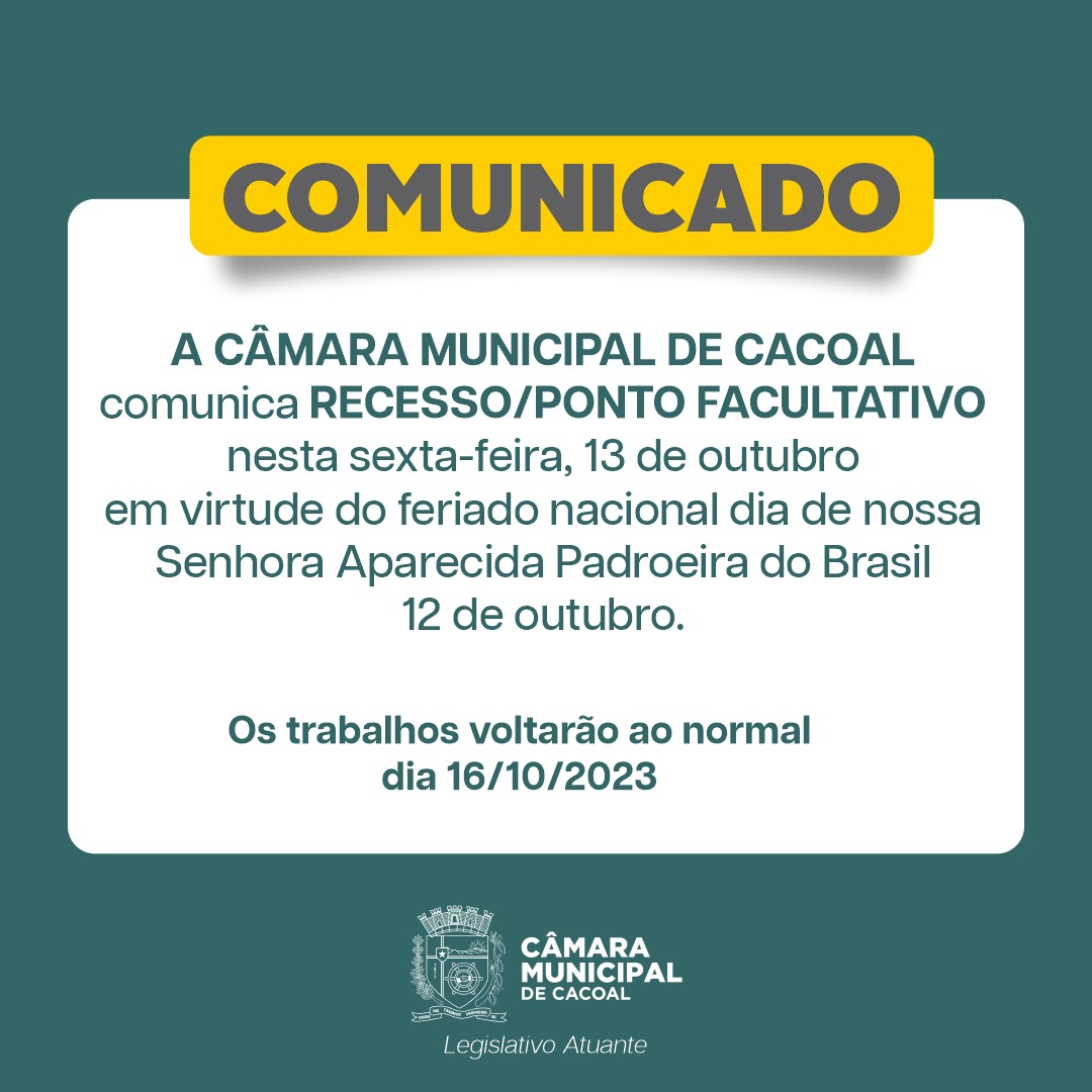 Ato da Mesa Diretora da Câmara Municipal de Cacoal/RO determina ponto facultativo em 13 de outubro
