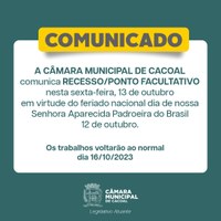 Ato da Mesa Diretora da Câmara Municipal de Cacoal/RO determina ponto facultativo em 13 de outubro