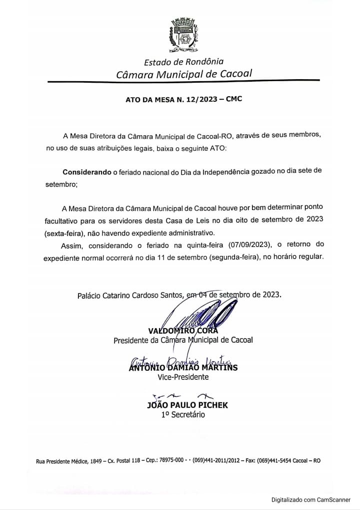 Câmara de Cacoal Decreta Ponto Facultativo após o Feriado de 7 de setembro