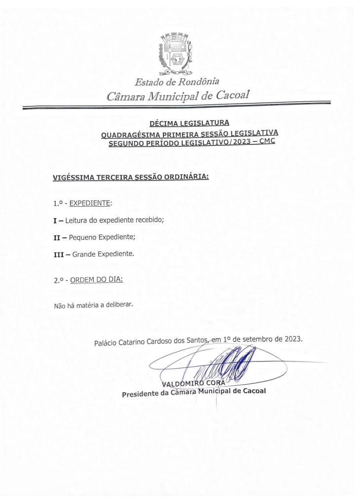 Câmara Municipal de Cacoal fará a 23ª Sessão Ordinária de 2023 na próxima segunda-feira, 04 de setembro