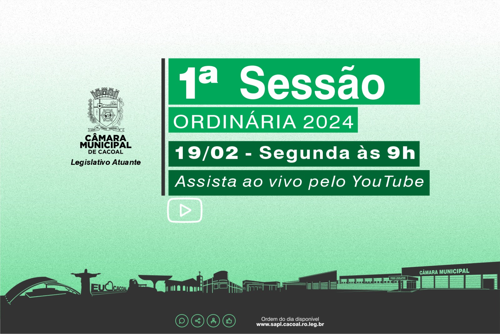 Primeira Sessão Ordinária de 2024 na Câmara de Cacoal acontece na segunda dia 19 de fevereiro.