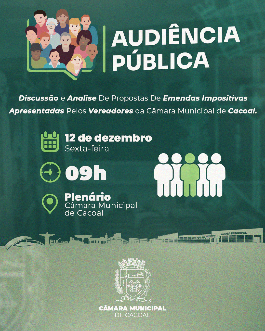 Audiência pública nesta sexta-feira 12 de dezembro. Participar das decisões da nossa cidade é um direito de todos!
