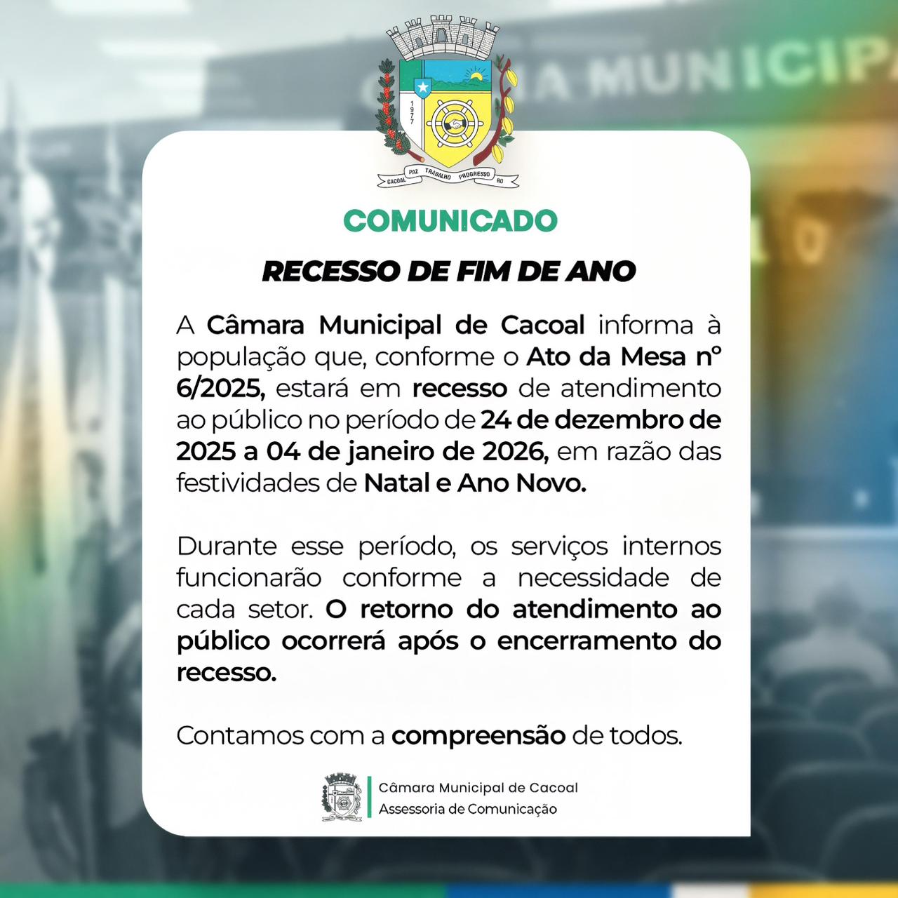COMUNICADO – RECESSO DE FIM DE ANO